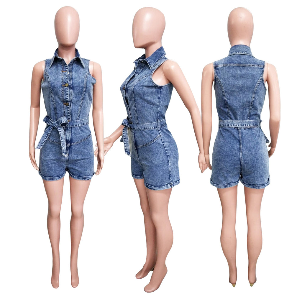 Sleeveless Denim Jumpsuit Shorts with Stretch Fit