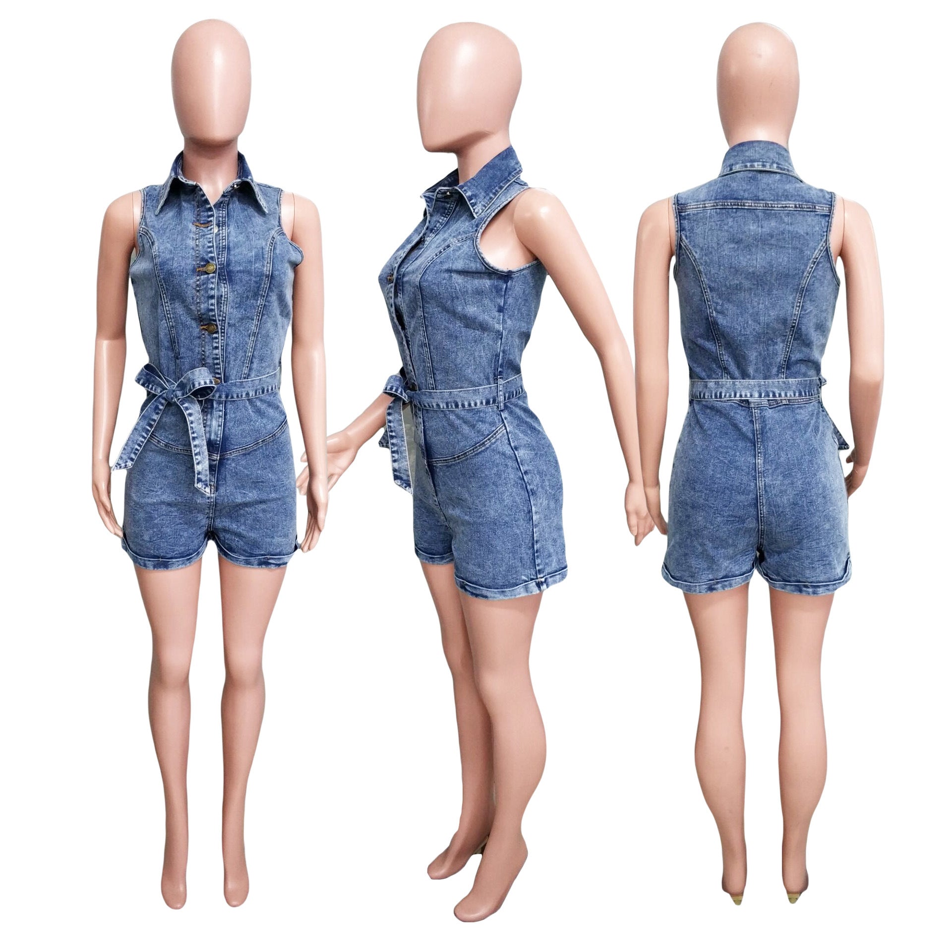 Sleeveless Denim Jumpsuit Shorts with Stretch Fit