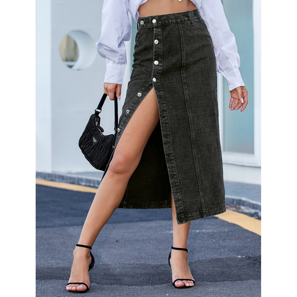 High Waist Irregular Slit Denim Long Skirt