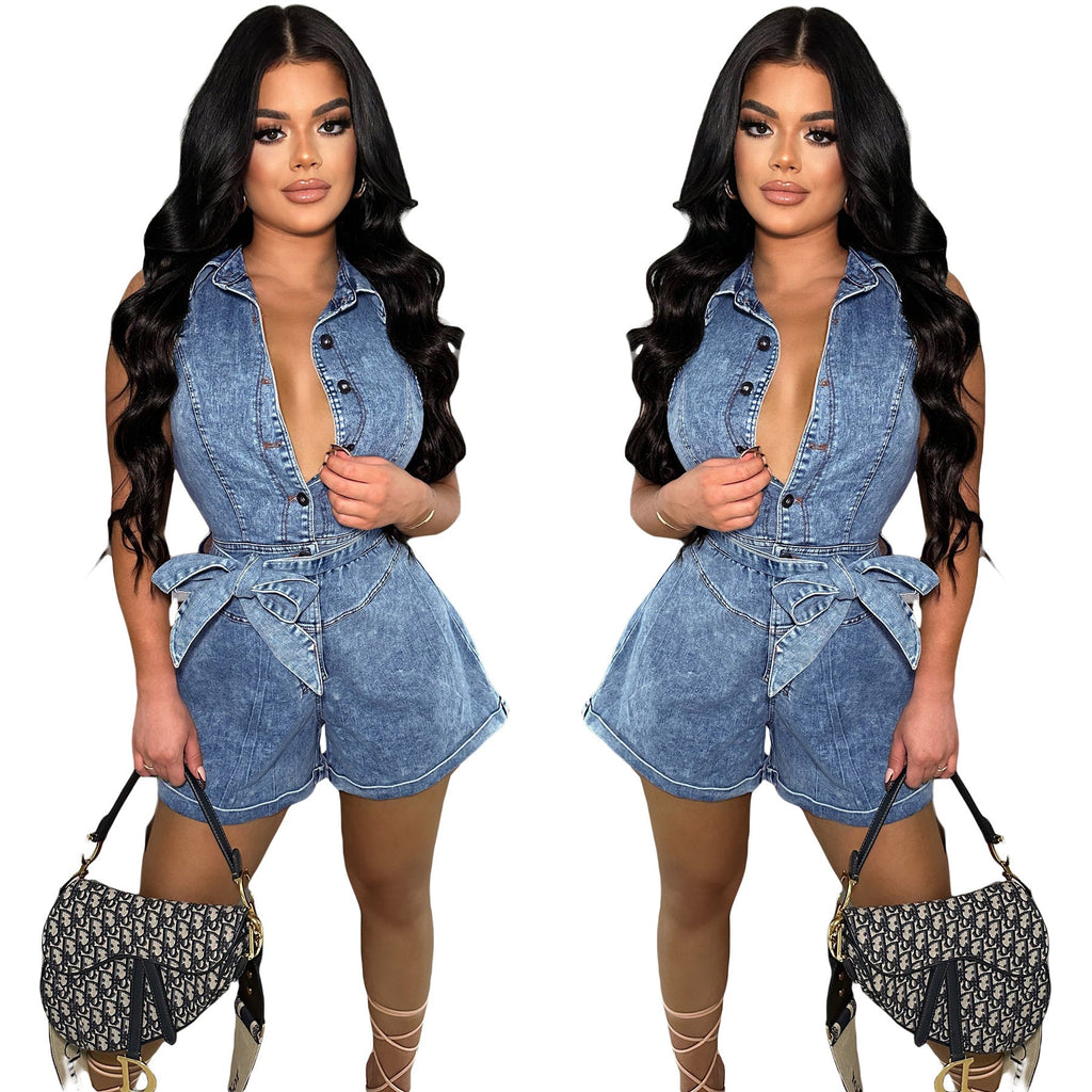 Sleeveless Denim Jumpsuit Shorts with Stretch Fit