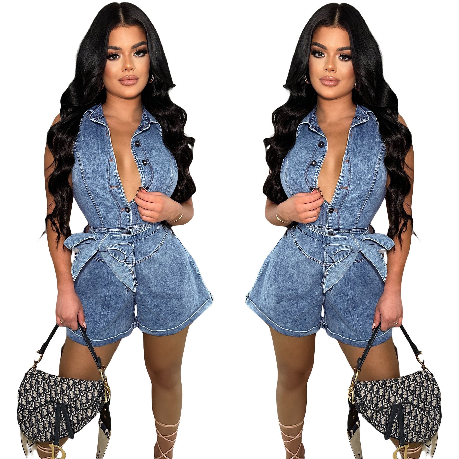 Sleeveless Denim Jumpsuit Shorts with Stretch Fit